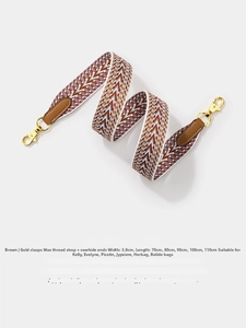 Detail of 3.8cm wide woven geometric strap with wax thread and gold metal hook