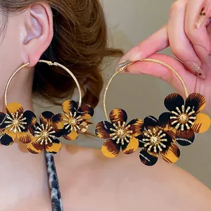 Oversized Leopard Print Fabric Flower Hoop Earrings Vintage Boho Style Jewelry With 925 Sterling Silver Earring Post