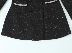 Detail of black tweed jacket with silver sequins, double-breasted buttons and fringe trim