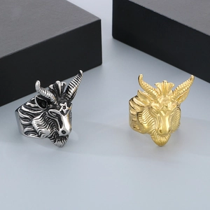Macro shot of silver and gold goat head rings with detailed pentagram engravings