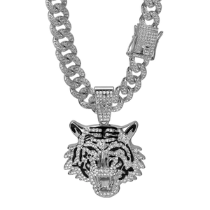 Hip hop silver cuban chain necklace featuring a crystal-encrusted tiger head pendant