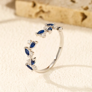 Elegant S925 sterling silver leaf ring with blue zircon stones and adjustable open band