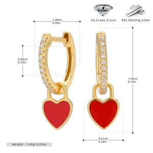 Detail of 925 silver gold heart earrings with red enamel and 5A zircon stones