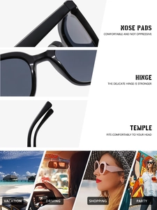 Détails des plaquettes de nez, des charnières et des branches de ces lunettes de soleil
