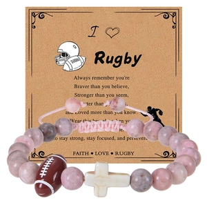 Pink football beaded bracelet with motivational card and natural stone cross detail