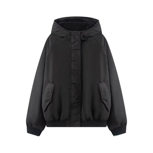Oversized black winter bomber jacket for women with hood and ribbed cuffs