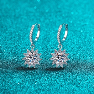 S925 Sterling Silver Moissanite Zirconia Sunflower Stud Earrings For Women Pave Rhinestone Snowflake Design Hoop Jewelry
