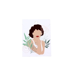 Jewelry display card with stylish woman illustration and floral accents for earrings