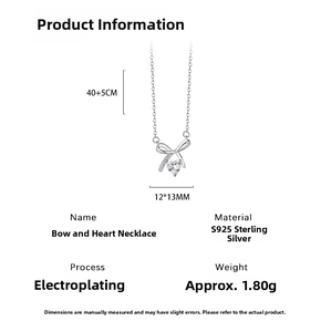 Detail view of S925 silver bow heart necklace with 40+5cm chain and dimensions