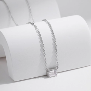 Minimalist S925 sterling silver necklace with emerald-cut rectangular zircon pendant