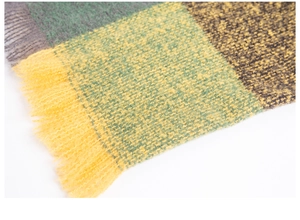 Detailed macro view of plaid wool poncho shawl with yellow green stripes and fringes