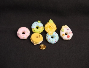 Detail of 6 cute cartoon food donut resin brooches with golden butterfly clasp pins