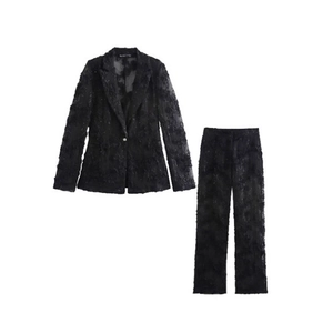 Blazer Et Pantalon Femme Dentelle Paillettes Applique Florale Tridimensionnelle Maille Semi Transparent Élégant Streetwear
