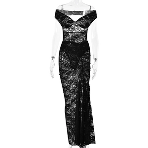 Elegant black lace two-piece backless sleeveless dress with floral patterns on a slim silhouette