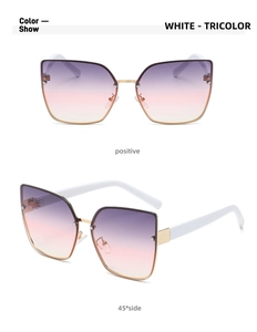 Front and 45-degree angle views of white cat eye sunglasses with metal bridge detail