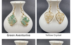 Detail of handmade Tree of Life earrings with Green Aventurine and Citrine wire wrapping