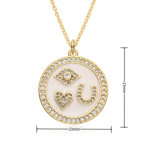 Detailed 23mm gold necklace pendant with colorful zircon eye, heart, and U-shaped charms