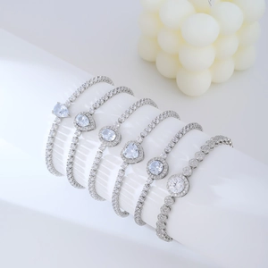 Set of six silver-tone tennis bracelets with teardrop, heart, and round zircon stones