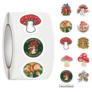 Close-up of mushroom reward stickers 2.4cm diameter showing multiple artistic styles