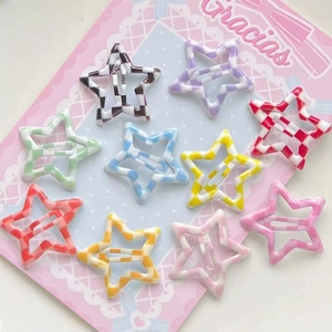 10-piece star-shaped snap hair clips set with colorful checkered patterns for girls