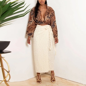 Retro print long sleeve shirt with high waist split waffle texture wrap skirt for women