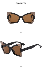 Front and side views of elegant butterfly sunglasses with black frames and tea lenses