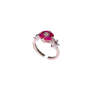 Sparkling silver flower open ring with red oval zircon petals and clear crystal accents