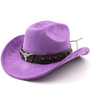 Detail of purple western cowboy hat with studded leather band and silver bull head buckle