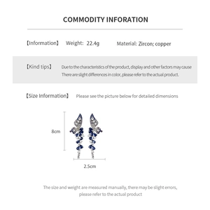 Detailed size specifications for zircon wing tassel earrings with blue butterfly design