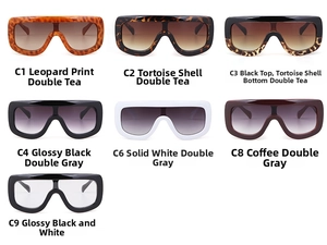 Matrix display of oversized pilot sunglasses in various frame colors and gradient lenses