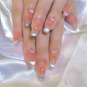 Press On Nails French Style Glitter Peach Pink Gradient Long Coffin False Nails With Heart Decor For Women
