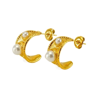 Golden C-shaped metal earrings featuring two elegant pearls on white background