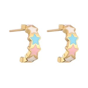 Gold-plated hoop earrings with colorful enamel star patterns in pink, blue, and white