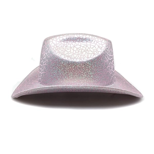 Close-up of pink holographic cowboy hat with shiny metallic cracked texture for parties