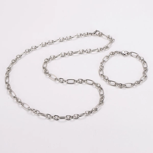 Polished silver stainless steel 3:1 link chain necklace and bracelet set with lobster clasp
