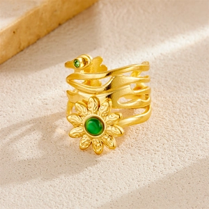 Vintage 18k gold plated stainless steel multi-layer ring with green gemstone flower