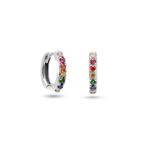 Detail view of silver hoop earrings with rainbow colored cubic zirconia stones