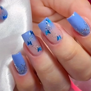 Press On Nails Blue Pink Gradient Butterfly Pattern Square Head False Nails Silver Glitter Sweet Style For Women