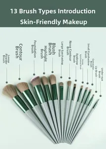 Macro shot of 13 professional makeup brushes with soft fiber bristles and green handles