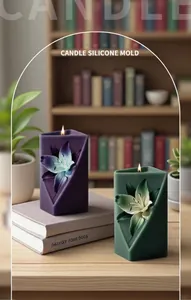 Detailed view of geometric lily flower silicone mold with finished purple and green candles
