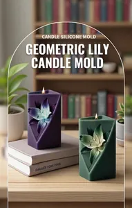 Detailed view of geometric lily flower silicone mold with finished purple and green candles