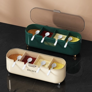 Four-compartment plastic seasoning box set in dark green and beige with spoons