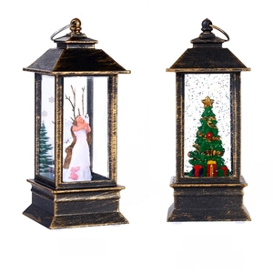 Detail view of water-filled and non-water vintage bronze Christmas LED lanterns