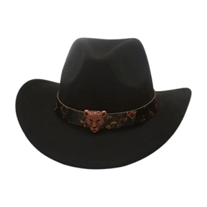 Detail of black felt jazz hat featuring a vintage bronze leopard head buckle and trim