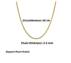 Golden stainless steel box chain necklace detail showing 60cm length and 2.5mm width