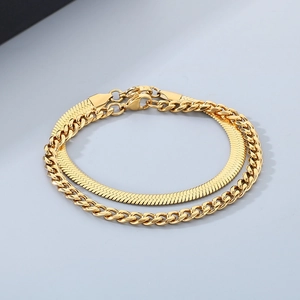 Double-layered golden titanium steel bracelet set with flat snake and Cuban chain links