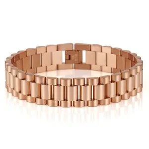 Polished rose gold stainless steel men's wide link bracelet with triple-row band design
