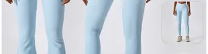 Détail macro de la texture côtelée et taille haute en V sur un legging de yoga bleu clair