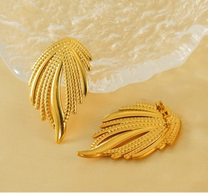 Detailed view of 18K gold plated woven texture earrings on silk background