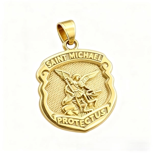Detail of shield-shaped Saint Michael pendant featuring detailed golden relief engraving